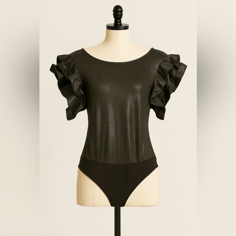 Black Metallic Ruffle Sleeve Bodysuit – Elegant Shimmer Top Chic Style (Size M)